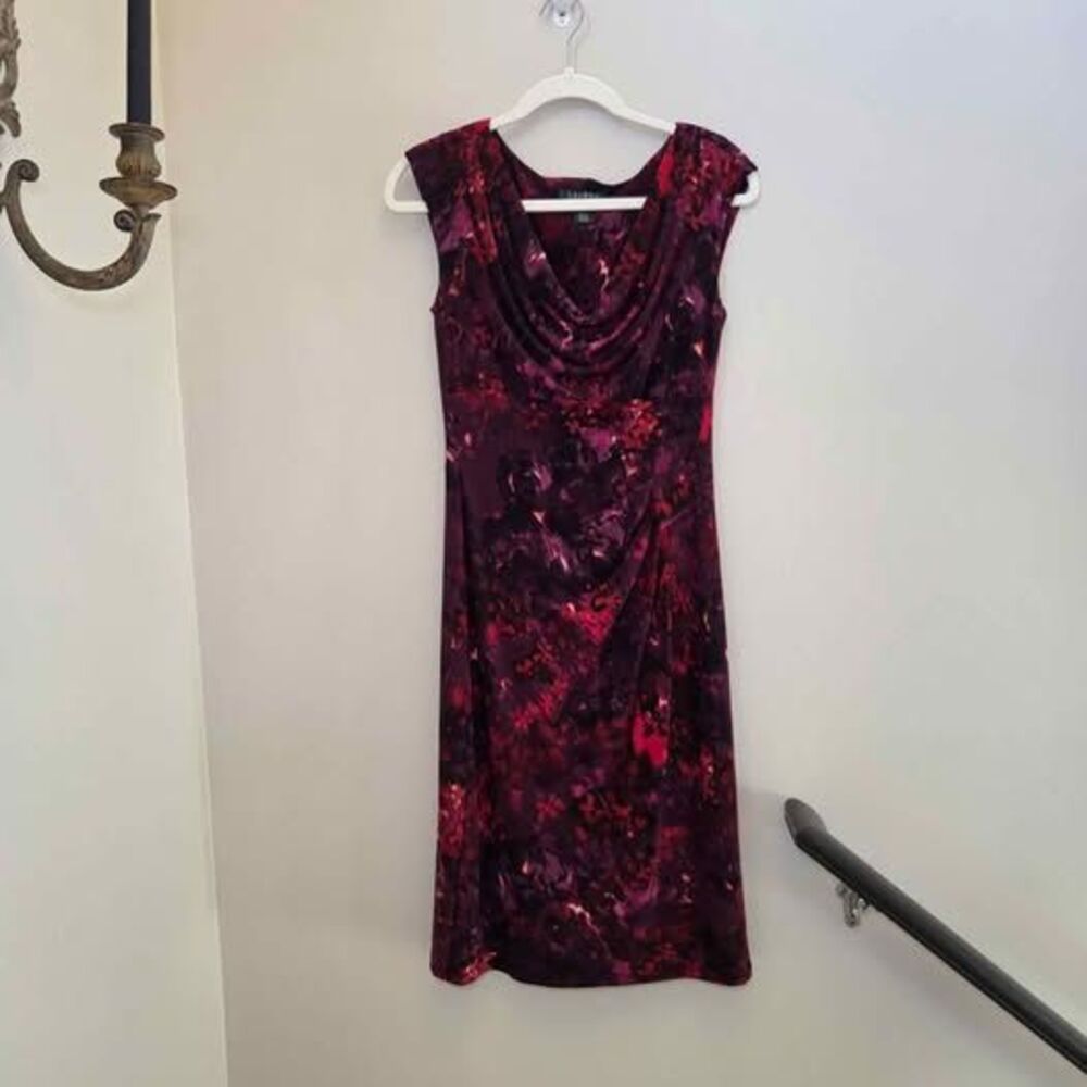 Ralph Lauren Midi Sheath Dress Women Sz 2 Dark Red Floral Ruched Watercolor